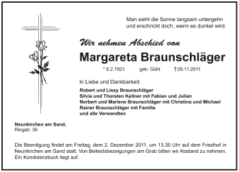 Traueranzeige von Margareta Braunschläger von Pegnitz-Zeitung
